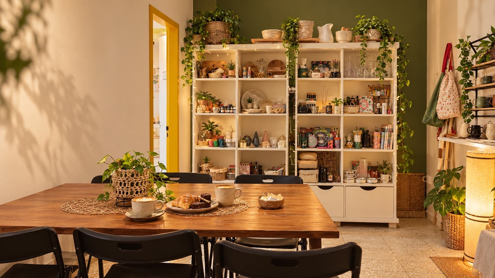 Interior cálido de una cafetería de barrio con mesas de madera